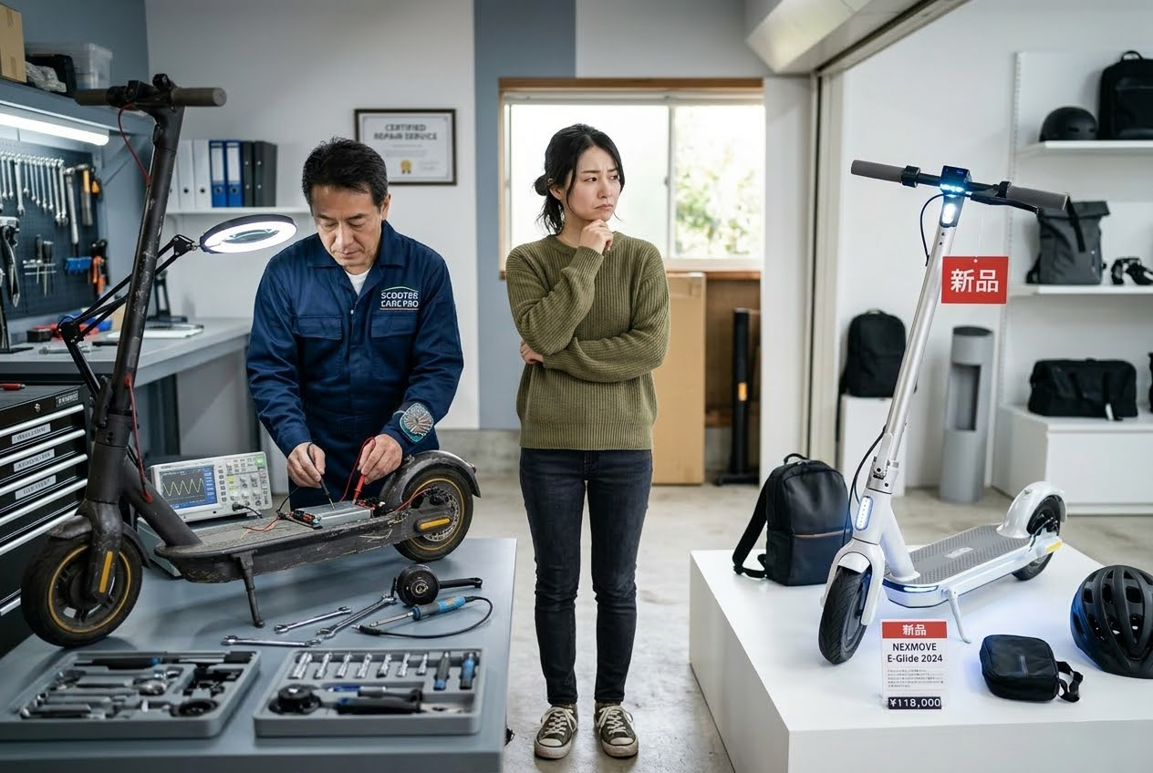 故障した電動キックボードを点検する整備士の横で、新品の電動キックボード（NEXMOVE）への買い替えを悩む女性。