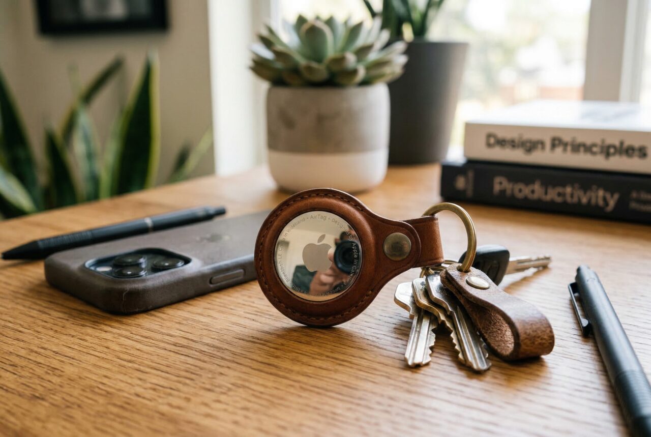 電動キックボードの盗難後の追跡に役立つ、レザーケースに入ったAppleのAirTagと鍵のセット。
