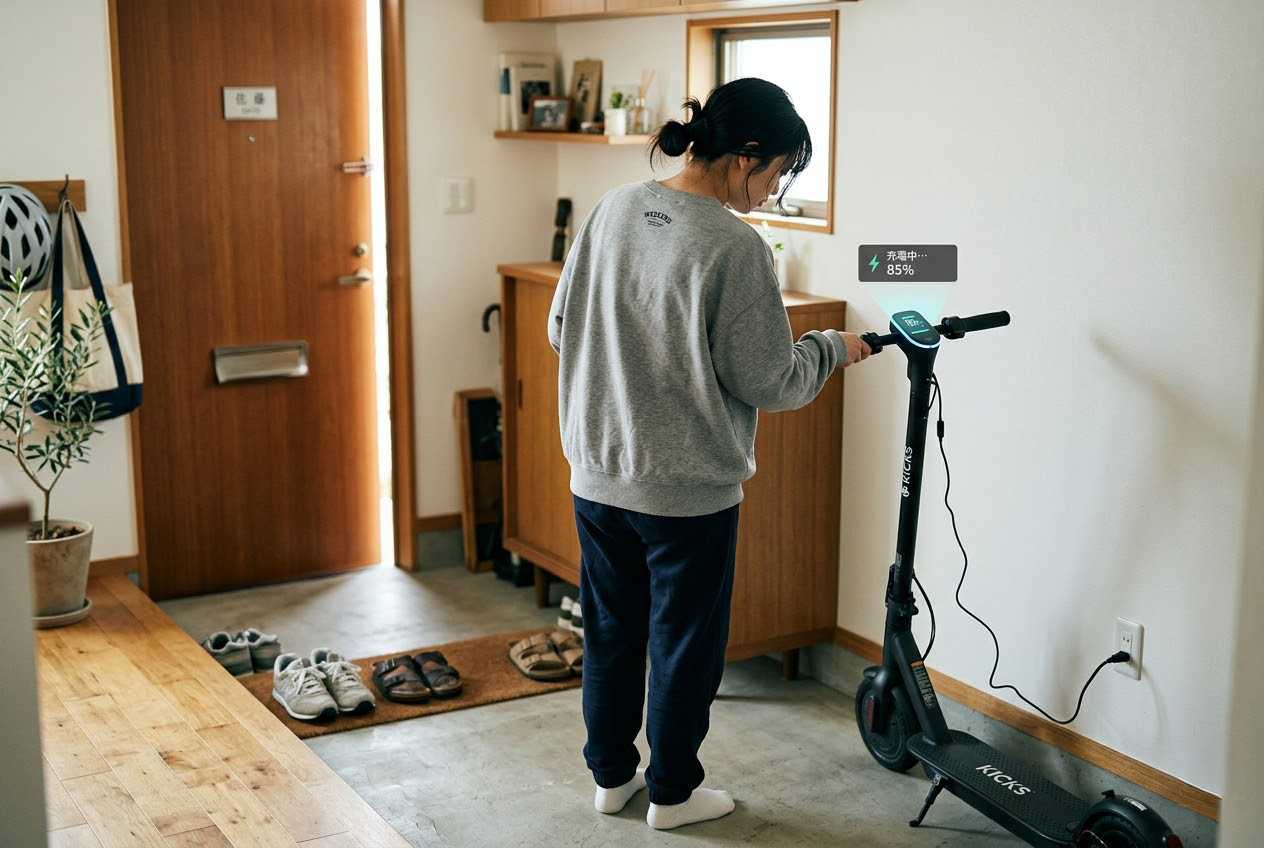 自宅の玄関先で電動キックボードをコンセントに繋ぎ、ディスプレイで充電残量（85%）を確認する女性。