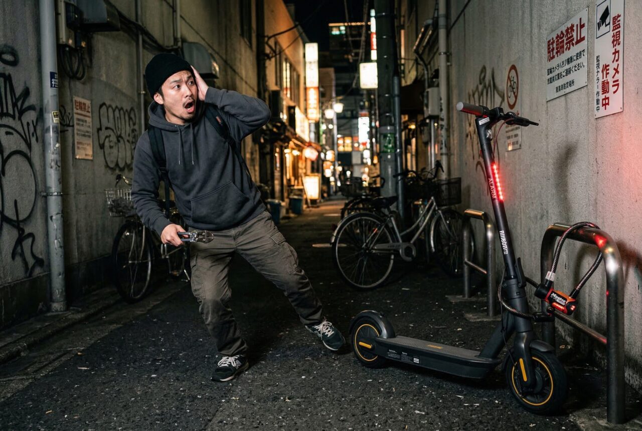 夜間の路上で、電動キックボードの防犯アラームが鳴り響き、驚いて逃げ出そうとする窃盗犯のイメージ。