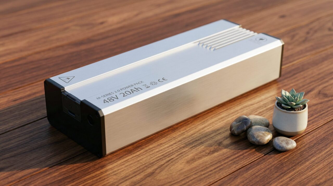 木目調のテーブルに置かれた電動スクーター用48V 20Ahリチウムイオンバッテリーパック