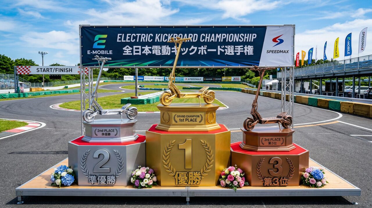 全日本電動キックボード選手権の表彰台に並ぶ金・銀・銅のトロフィーとサーキット会場