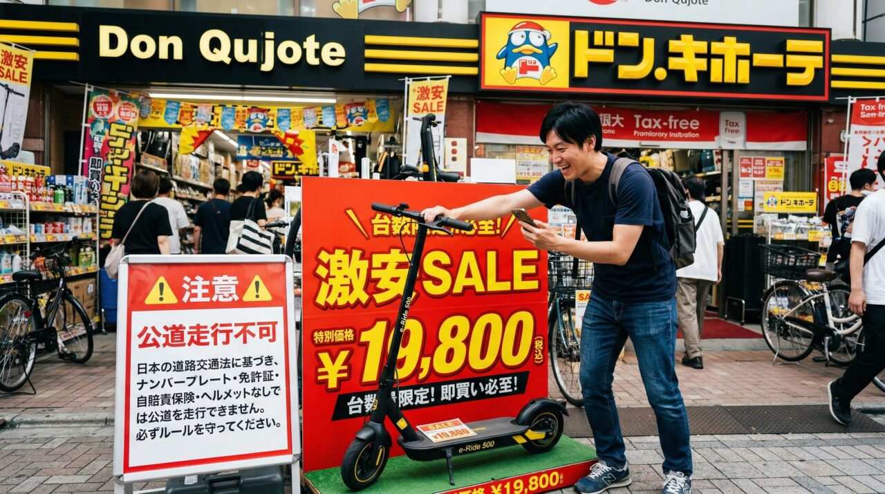 ドン・キホーテの店舗前で19,800円で販売される電動キックボードと、日本の道路交通法に基づく公道走行不可の注意書き看板。
