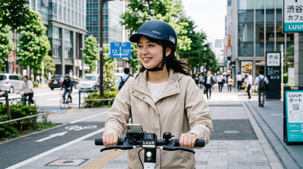 街中でヘルメットを着用し、スマホホルダーを活用して電動キックボードを運転する女性
