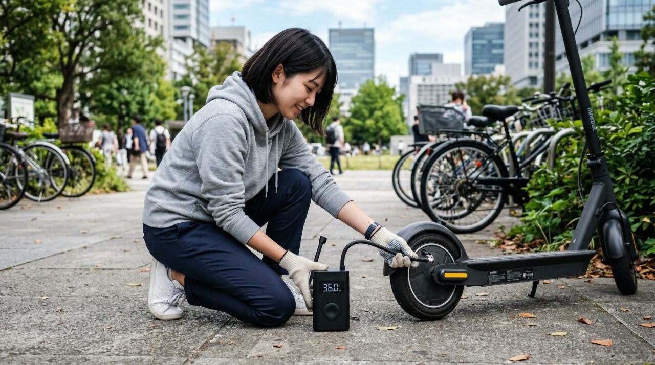 携帯型の電動空気入れを使用して電動キックボードのタイヤをメンテナンスする女性
