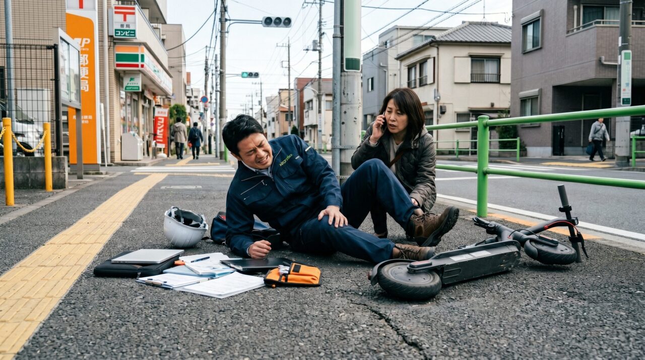 路上で転倒した電動キックボードと、膝を押さえてうずくまる作業服の男性。