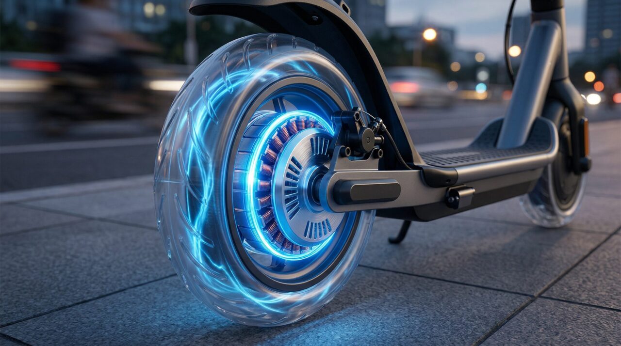 電動キックボードのホイール内部に搭載されたインホイールモーターの構造図。青い光で電気エネルギーの伝達を視覚化したテクニカルなクローズアップ。