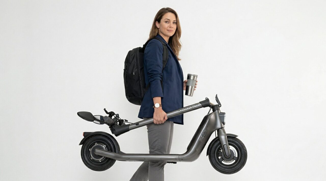 折りたたんだコンパクトな電動キックボードを片手で持ち運ぶビジネススタイルの女性