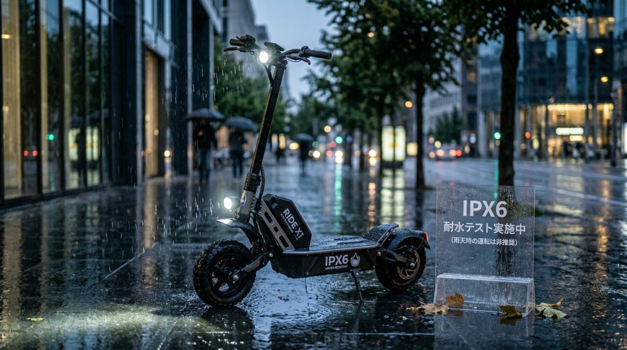 雨の降る夜の路上でIPX6防水テストを実施中のRIDE X1電動キックボード。横には「耐水テスト実施中」と書かれた透明なアクリルサイン。