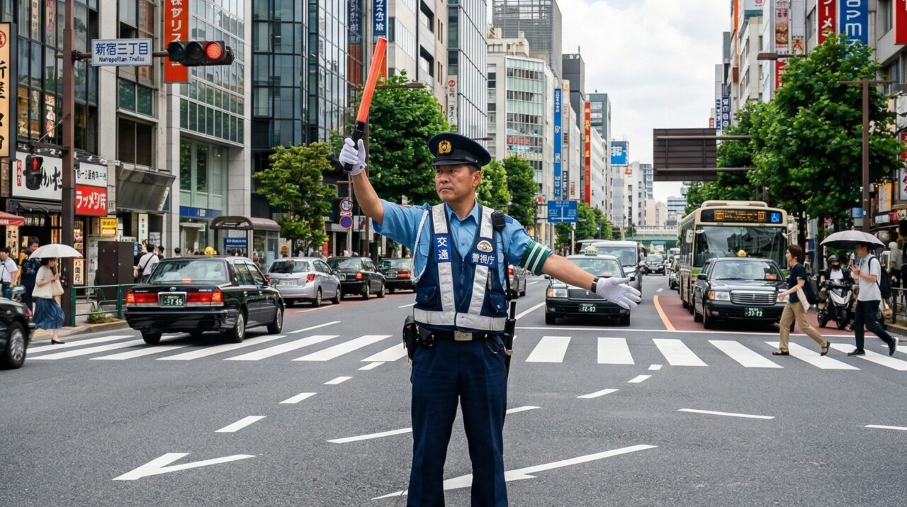 新宿三丁目の交差点で誘導灯を使い交通整理を行う警視庁の警察官