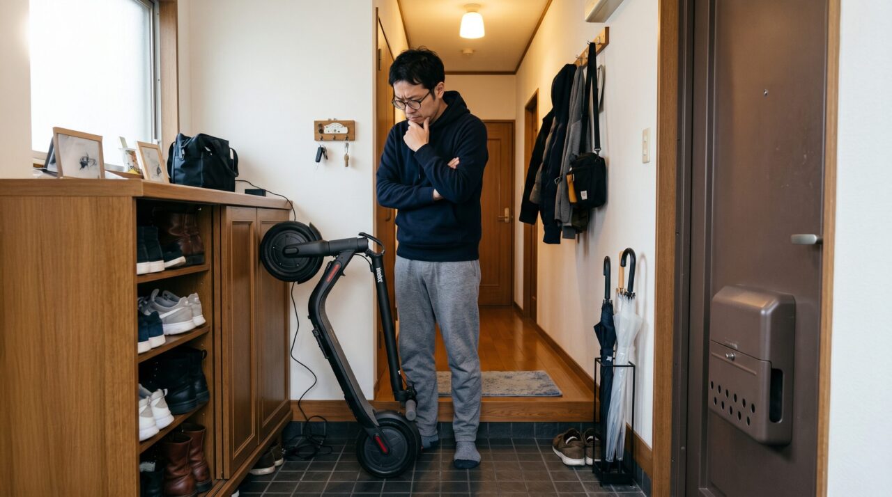 マンションの狭い玄関で、折りたたまれた電動キックボードの保管場所に悩む男性