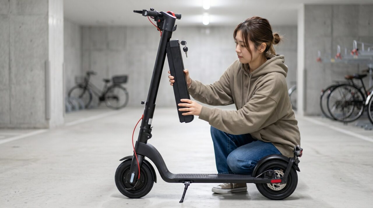 屋内駐輪場で電動キックボードの着脱式バッテリーを取り外す女性