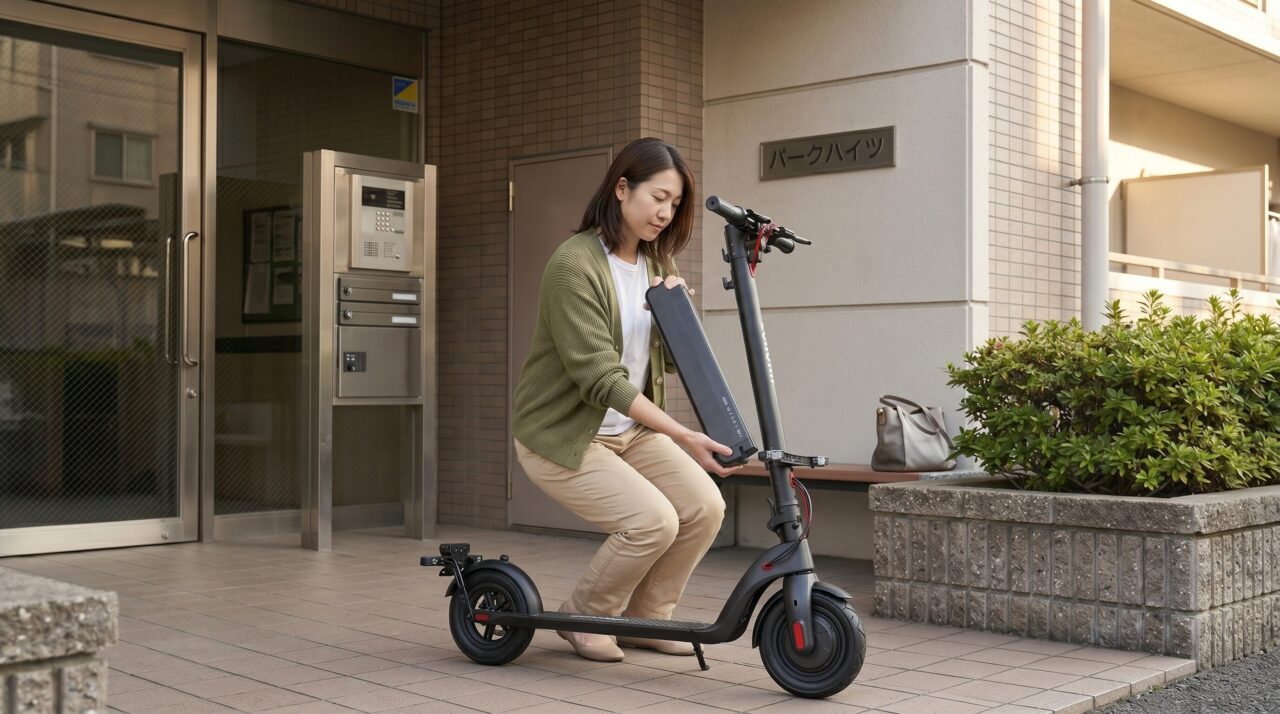 マンションの入り口前で電動キックボードのバッテリーを取り外す女性