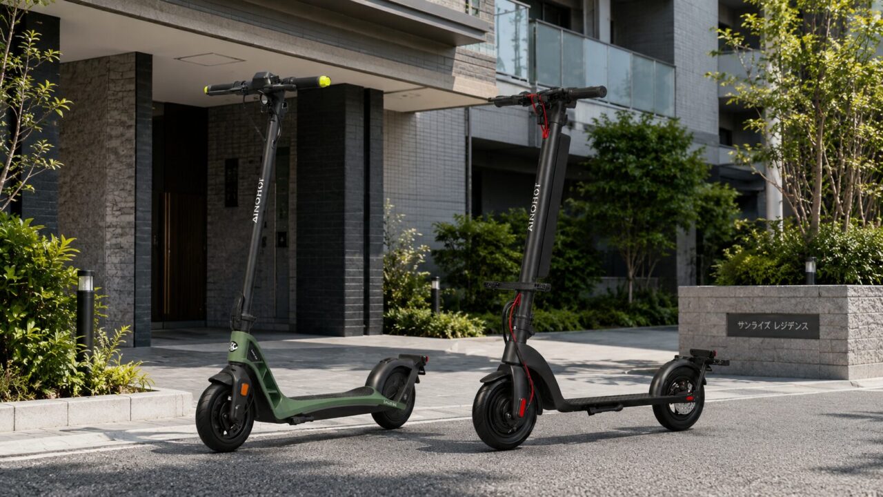 マンション前に並ぶAINOHOT Saga LiteとS07の電動キックボード