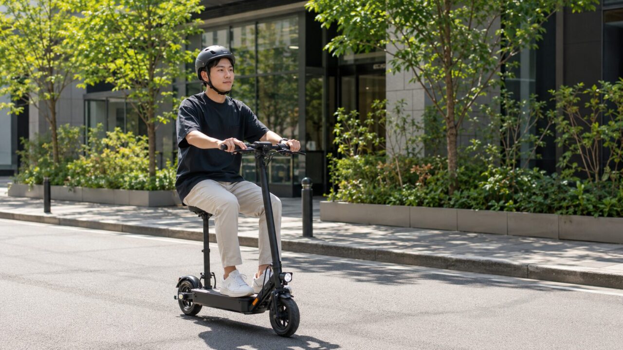サドル付き電動キックボードに座って通勤する男性