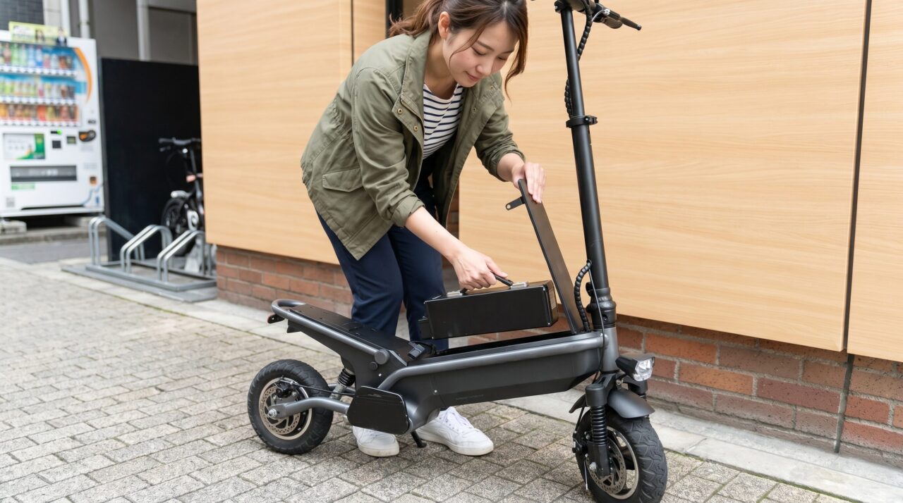 屋外で折りたたみ式電動キックボードから着脱式バッテリーを取り外している女性