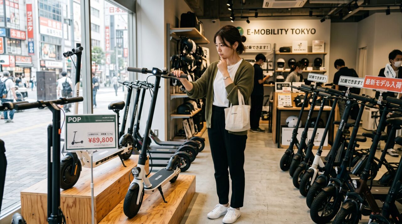 電動モビリティ専門店「E-MOBILITY TOKYO」の店内で、販売されている電動キックボードを触りながら購入を検討している女性