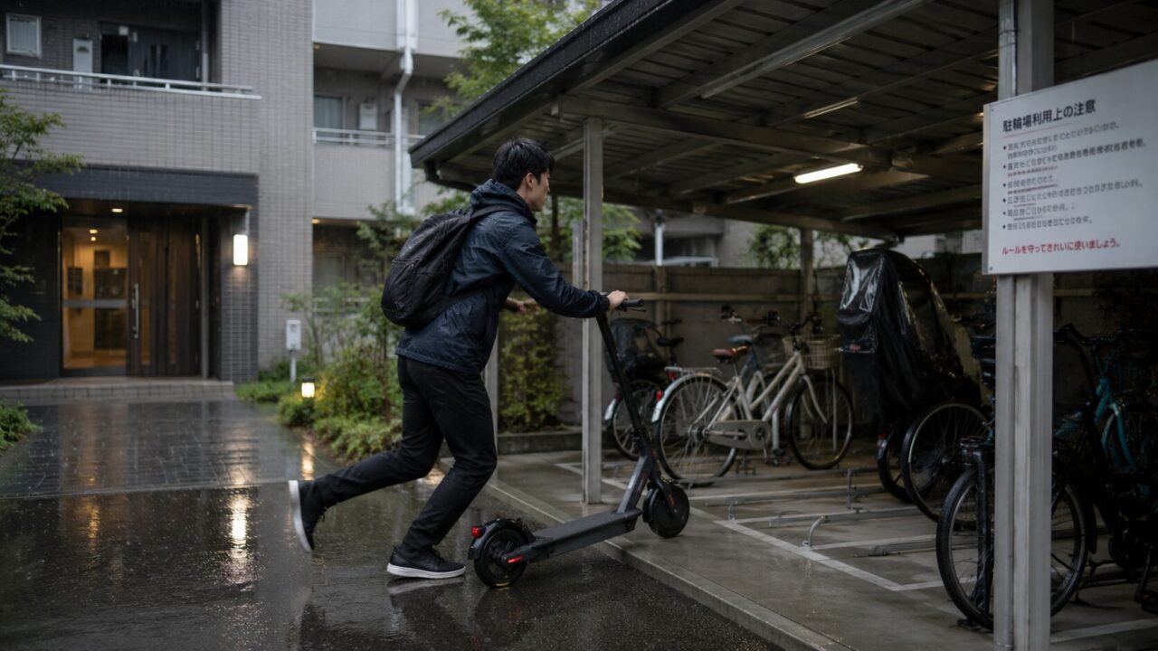 雨の日に電動キックボードをマンションの屋根付き駐輪場へ運ぶ男性