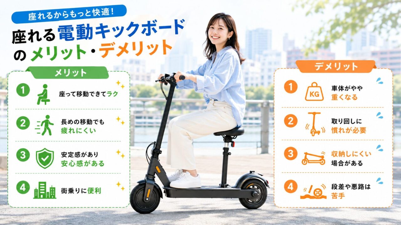 座れる電動キックボードのメリットとデメリットを解説した比較画像