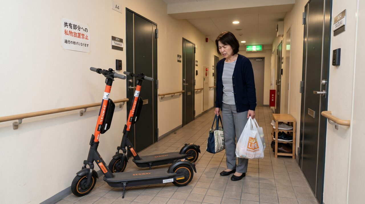 マンションの共用廊下に放置された2台の電動キックボードと「私物放置禁止」の貼り紙を見る女性
