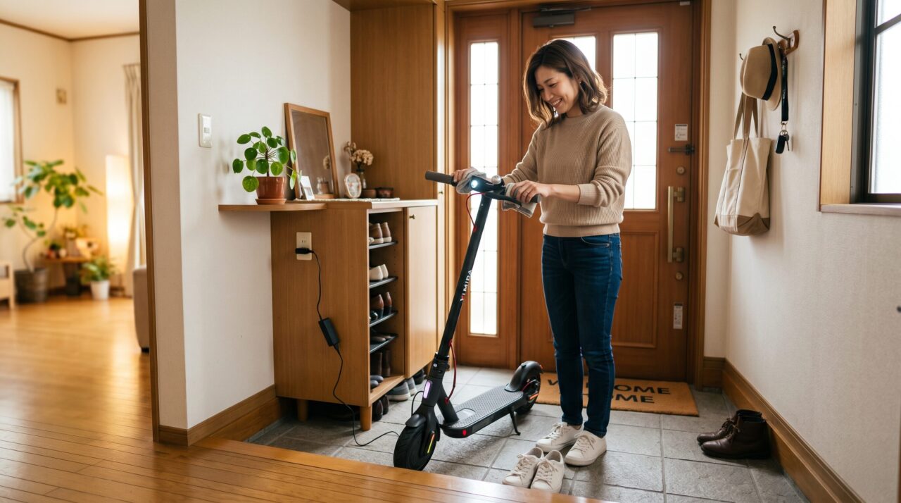 自宅の玄関で電源アダプターを接続して電動キックボードを充電しながら、ハンドル部分を布で拭いてお手入れをしている女性