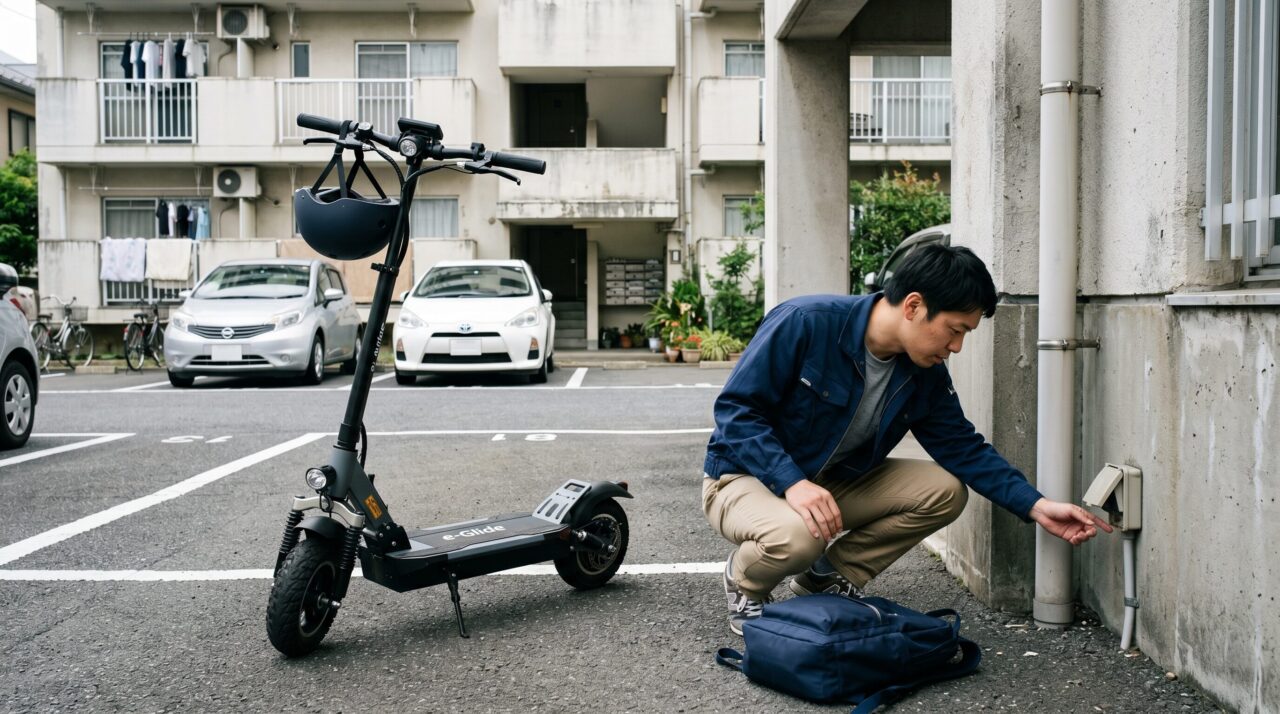 アパートの駐車場で電動キックボードの充電のために屋外コンセントを確認する男性
