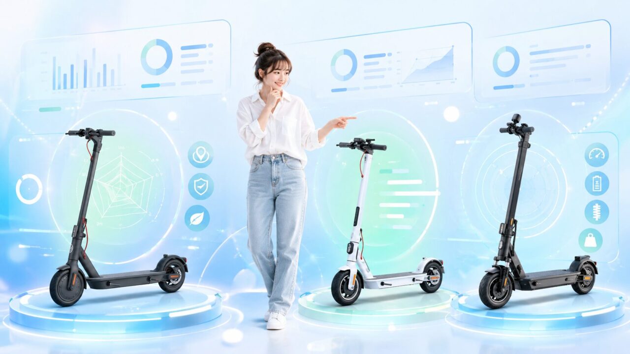 複数の電動キックボードを比較する女性のイメージ