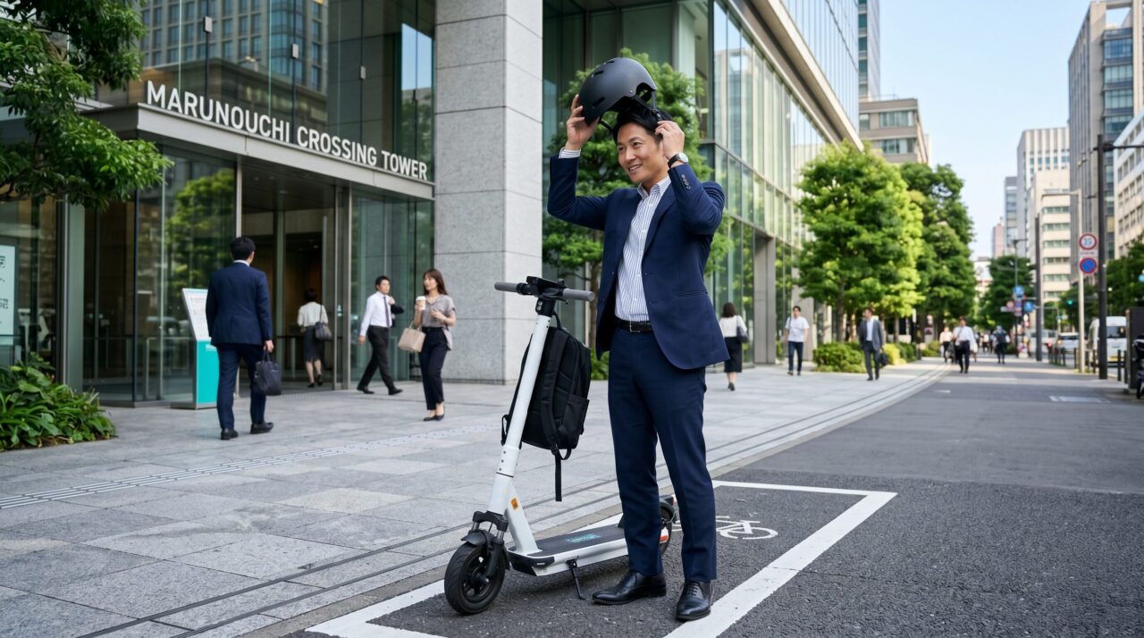 オフィスビル「MARUNOUCHI CROSSING TOWER」の前で、電動キックボードに乗るために黒いヘルメットを着用しているスーツ姿のビジネスマン
