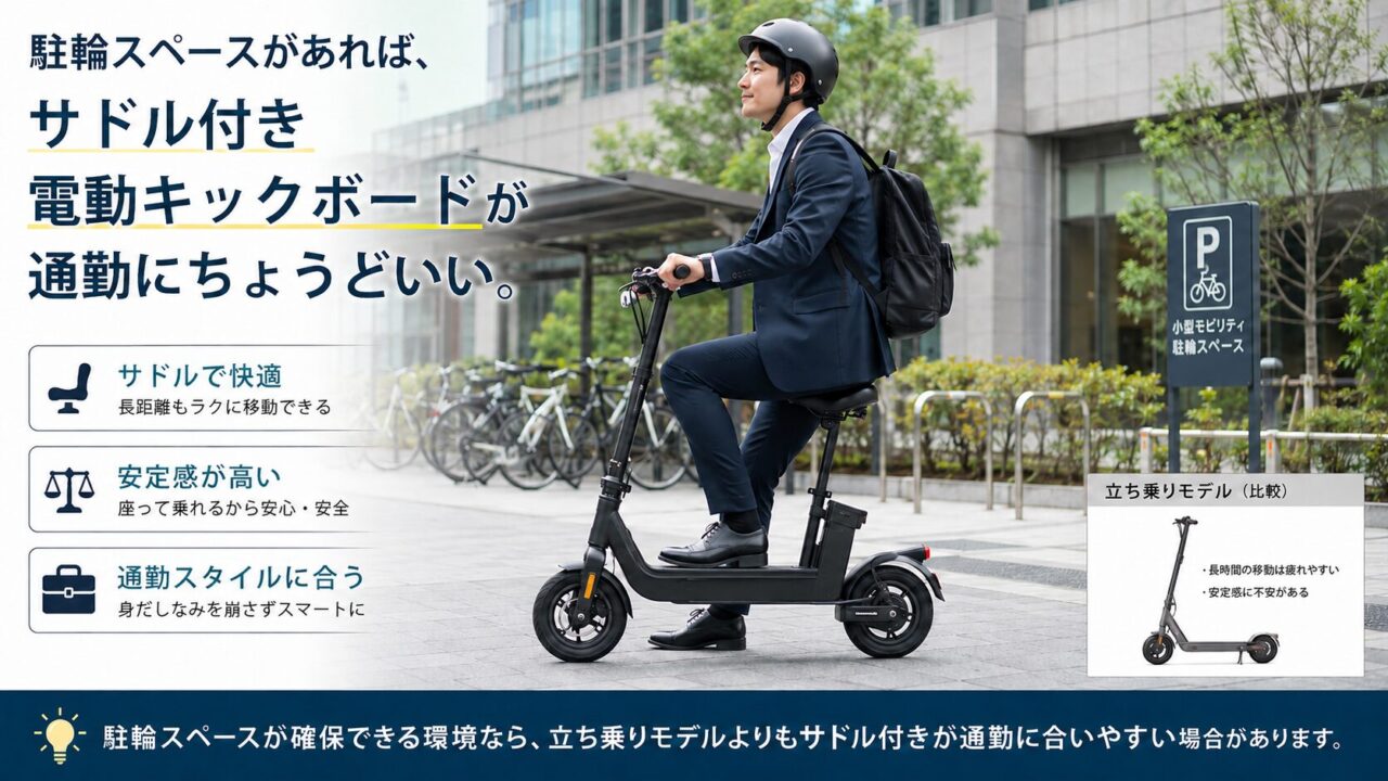 駐輪スペースがある環境でサドル付き電動キックボードを通勤に使う男性