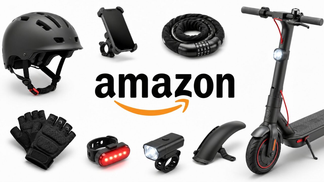 Amazonで購入できる電動キックボード用ヘルメットやロックなどの周辺用品画像