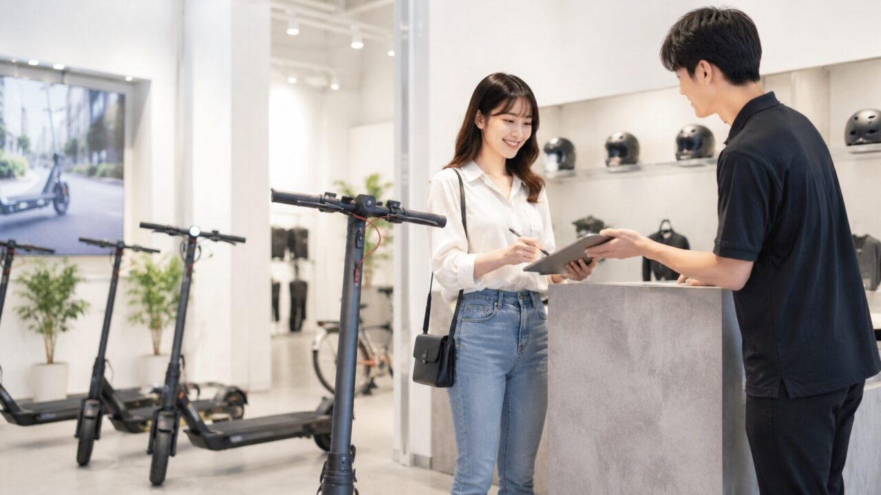 日本人女性が実店舗で電動キックボードを購入しているイメージ画像