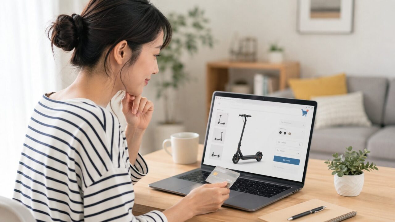 日本人女性がパソコンで電動キックボードをインターネット購入しているイメージ画像