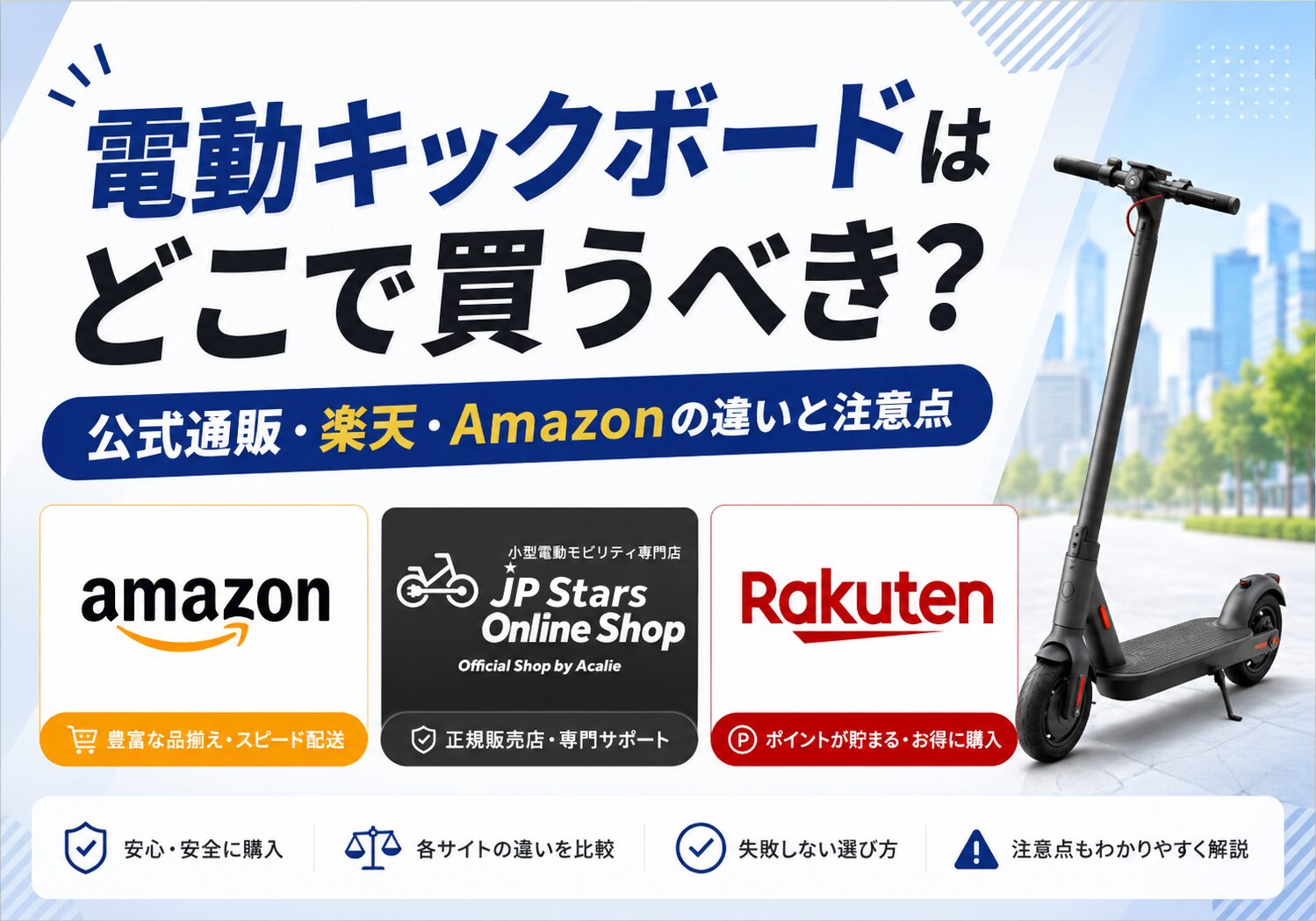 電動キックボードはどこで買うべきか、公式通販・楽天・Amazonの違いを比較するアイキャッチ画像