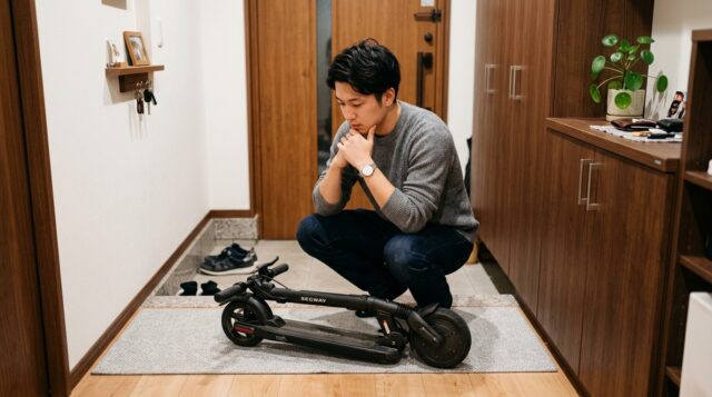 マンションで電動キックボードの保管場所を確認している写真