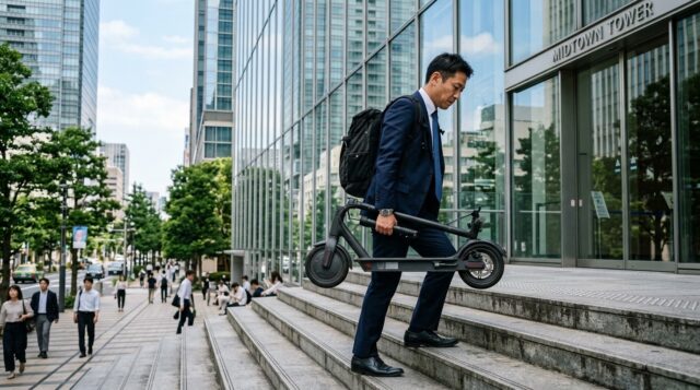 通勤時に電動キックボードを段差で持ち運ぶイメージ写真
