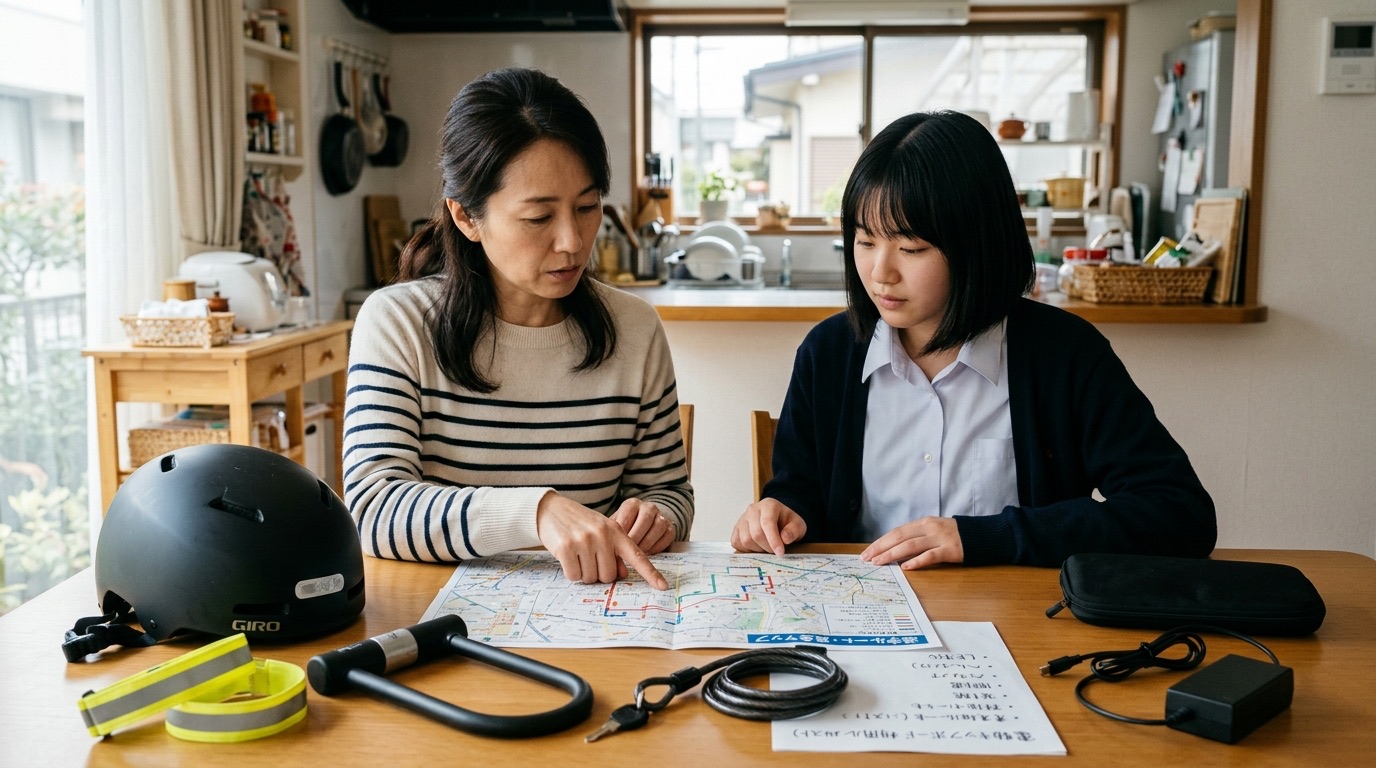 親子で電動キックボードの通学ルートや利用ルールを話し合っている写真