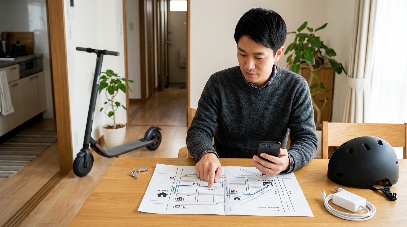電動キックボードの通勤距離と充電頻度を計画している写真
