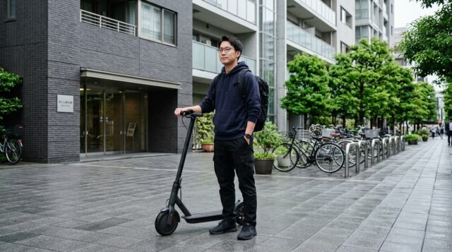 重量のある電動キックボードを押して移動している写真