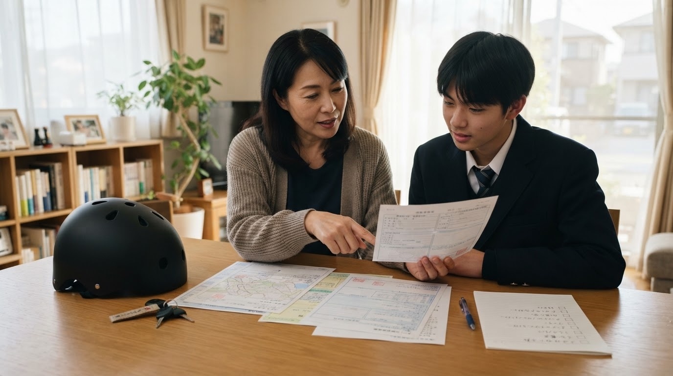 保護者が高校生の電動キックボード利用に必要な保険と登録書類を確認している写真