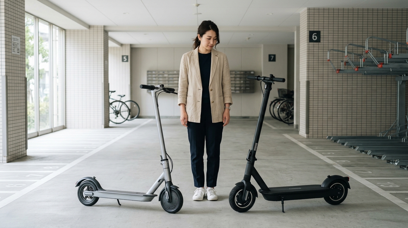 軽量モデルとロングレンジ電動キックボードを比較している写真