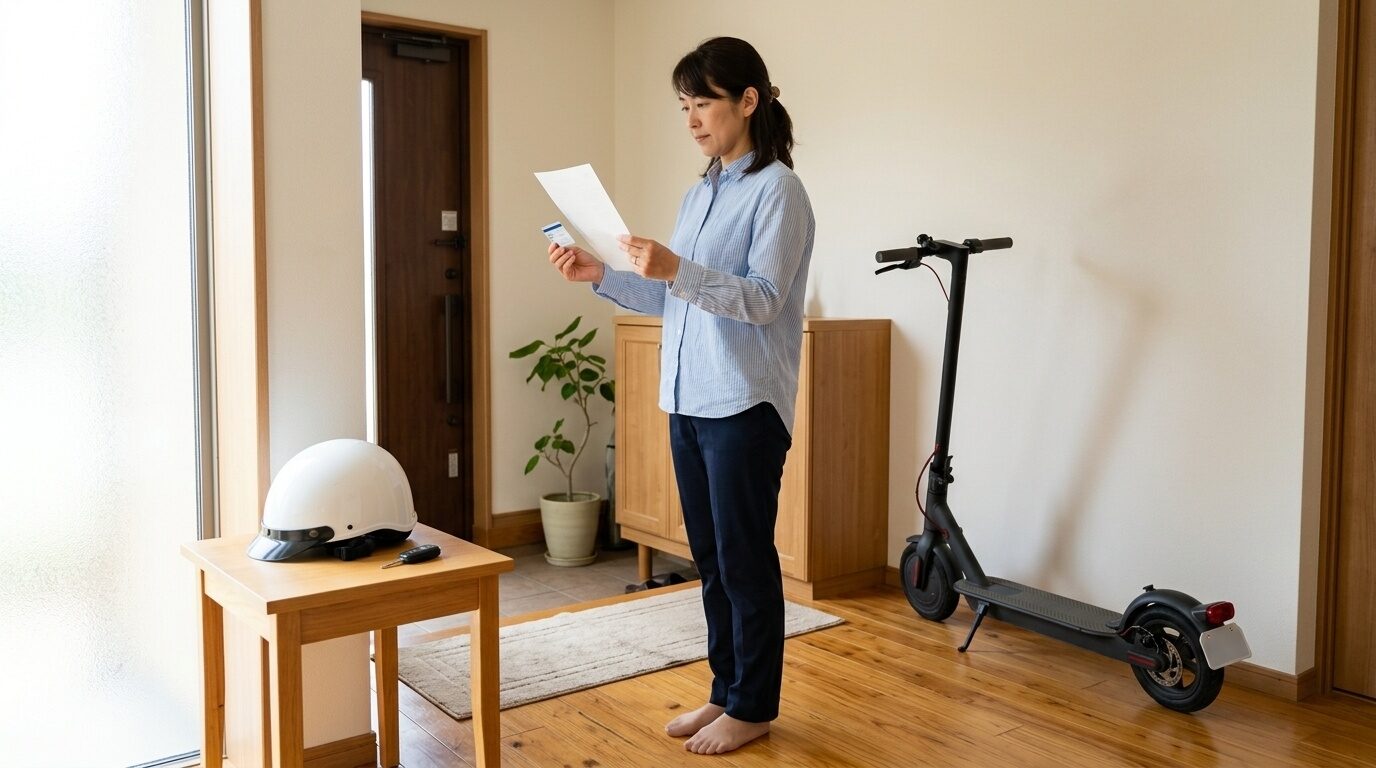 電動キックボードの公道利用前に登録書類と保険を確認する様子