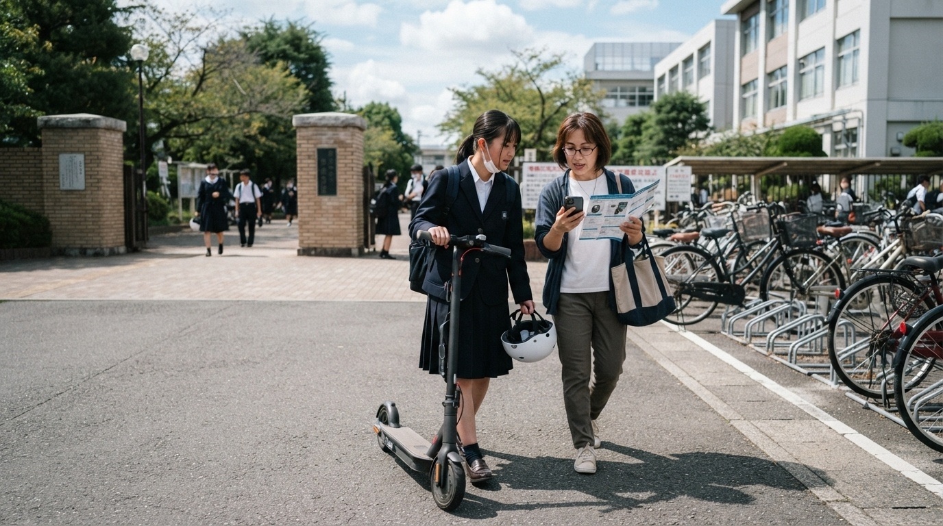 高校生と保護者が学校の駐輪場や電動キックボード通学の規則を確認している写真