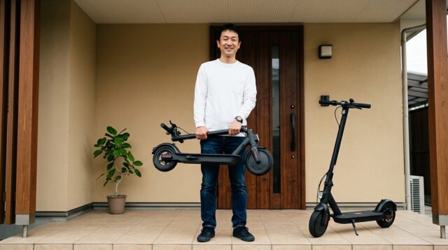 玄関で軽量モデルと重量モデルの持ち運びやすさを比較している写真