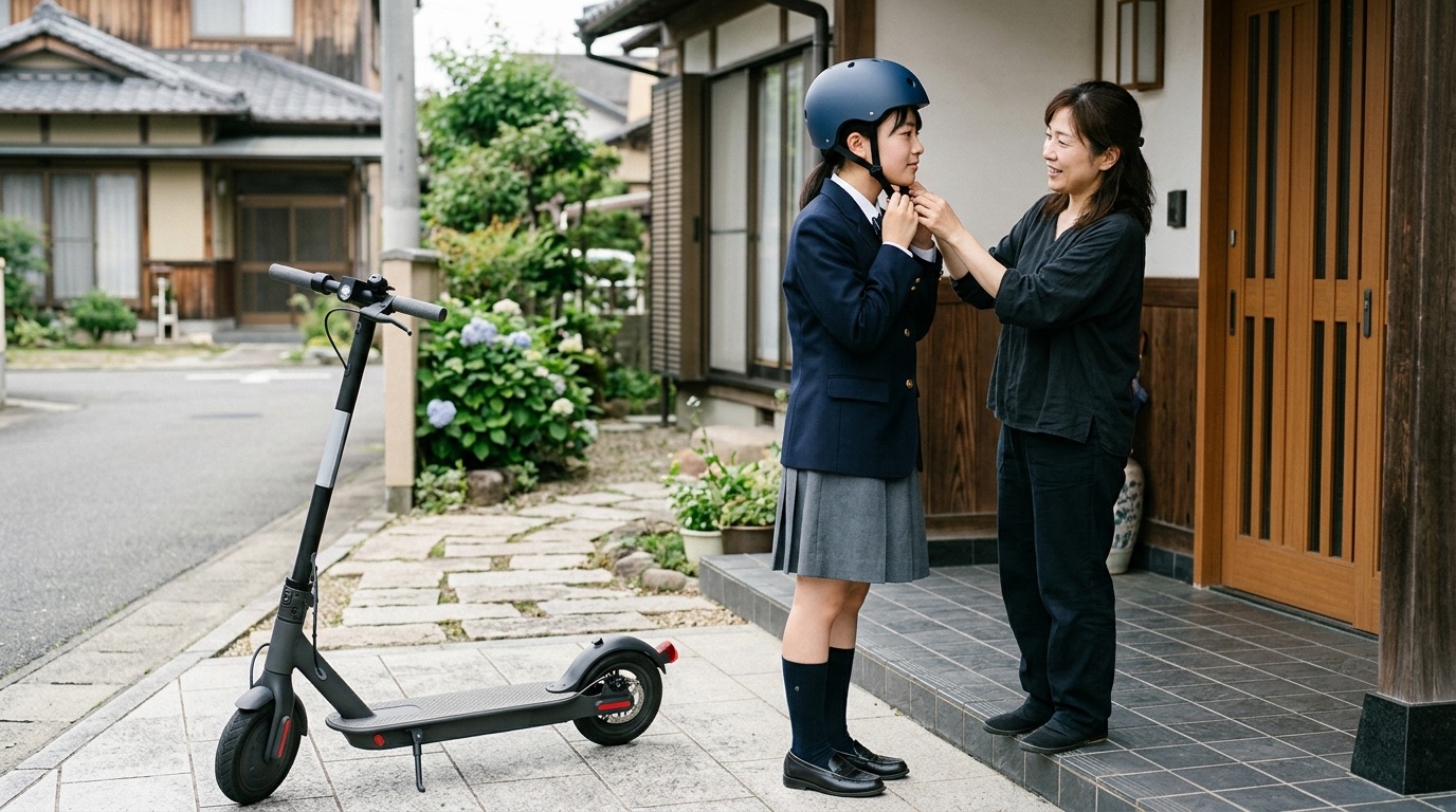 高校生が電動キックボードに乗る前にヘルメットを正しく装着している写真