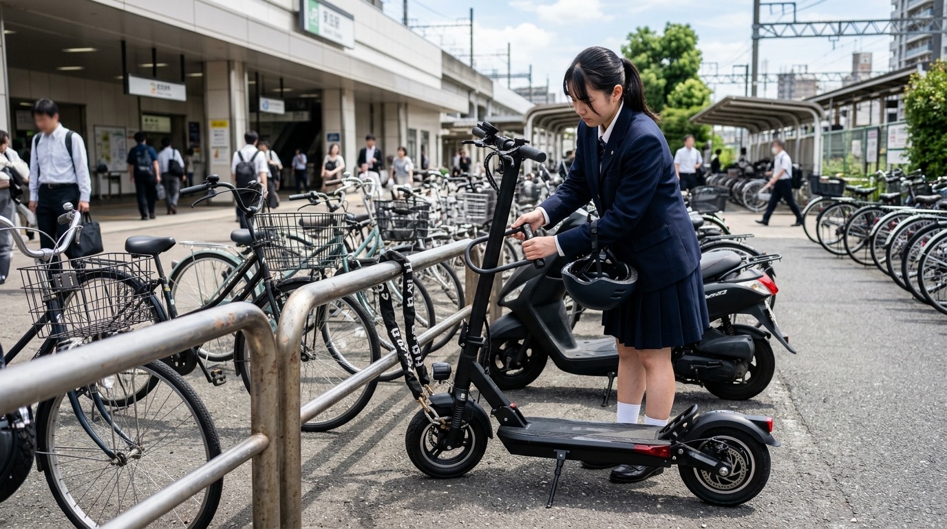 高校生が駐輪場で電動キックボードを固定物に施錠している写真